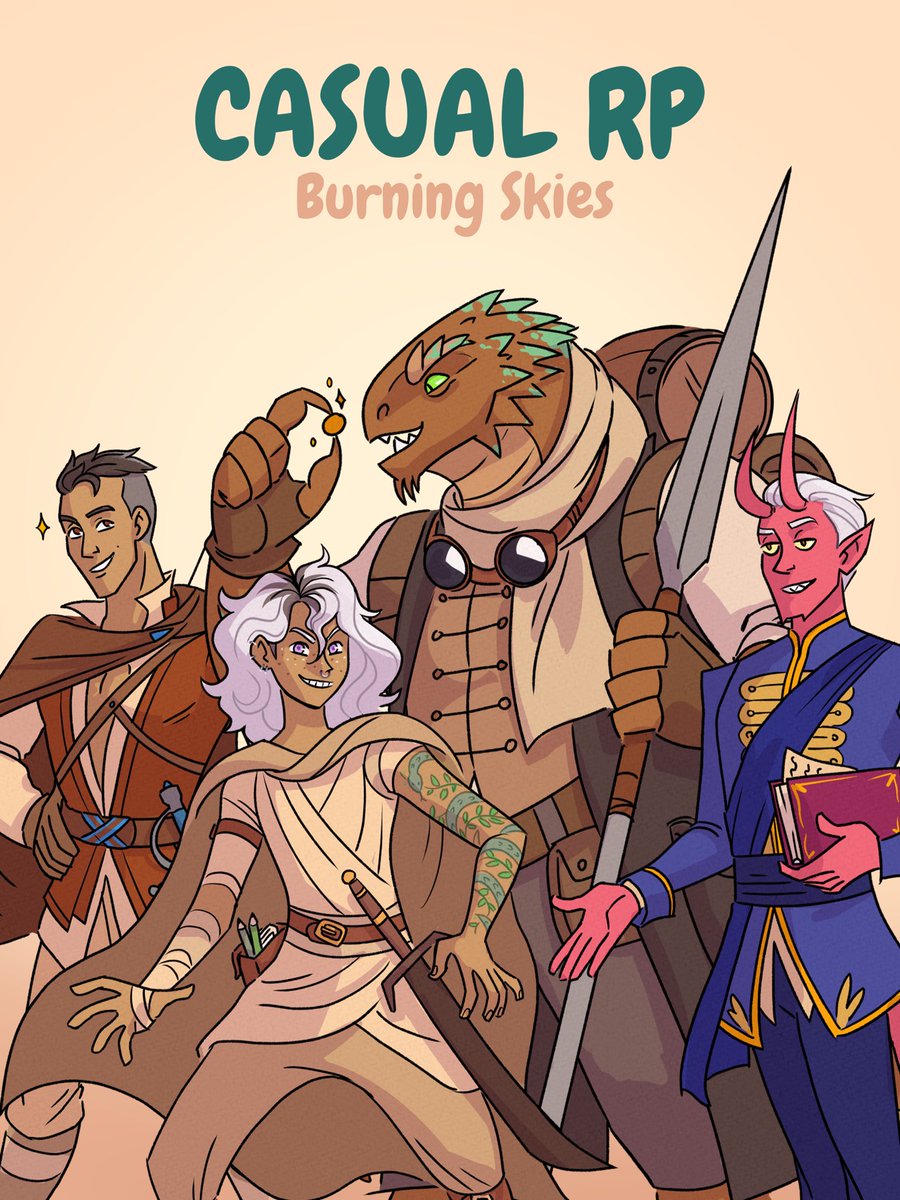 Casual RP: Burning Skies debuts at 7pm NZST on September 4th with subsequent livestreams on the first week of every month while podcast episodes are released weekly. 🔥 

#dungeonsanddragons #dnd #rpg #roleplay #casualrp #podcast #podcasting #dnd5e #dndart #art #characterart