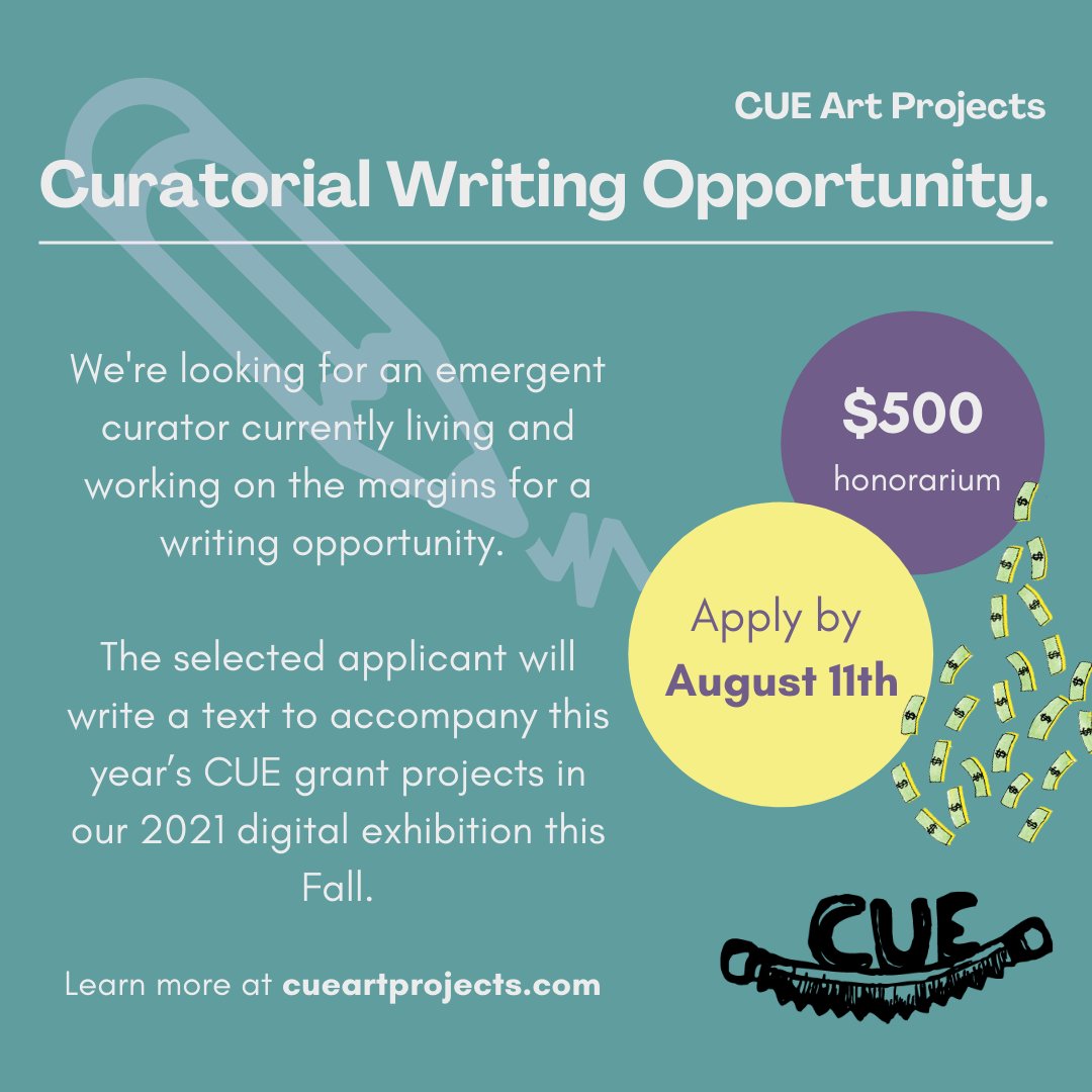 CUEToronto's tweet photo. CUE is looking for an emergent curator (or artist interested in exploring curatorial practice) for a writing opportunity. The selected applicant will write a text to accompany this year’s CUE grant projects in our 2021 digital exhibition! Learn more:  https://t.co/9Are9WxCGz https://t.co/wDWUMa42EC