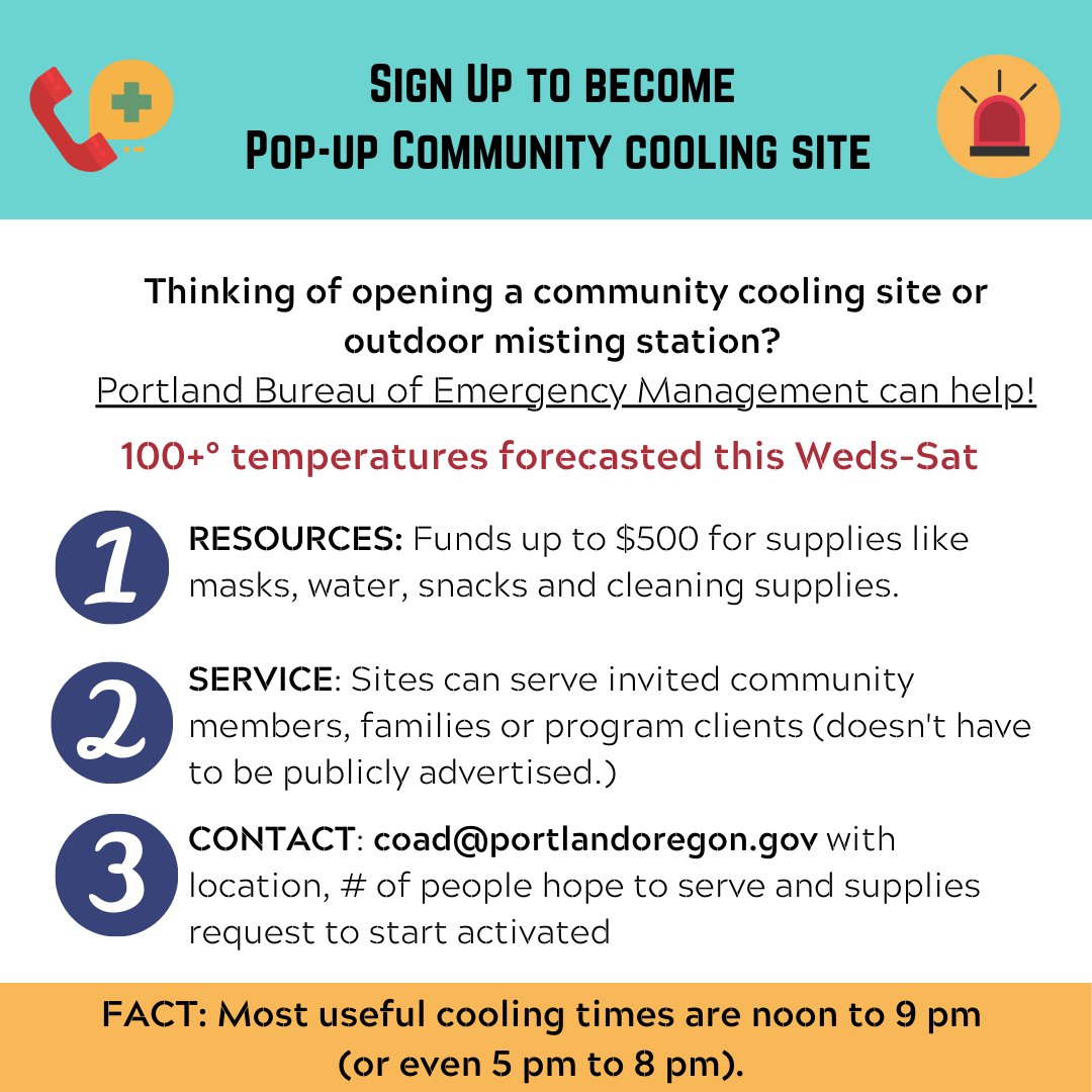 KhanhPhamForOR's tweet photo. Help set up a pop-up neighborhood cooling sites to beat this #portlandheatwave!
Thinking of opening a community cooling site or outdoor misting station? @PBEM can support you with funds up to $500 for supplies like masks, water, snacks and cleaning supplies. #orpol #orleg https://t.co/cof1fLselJ