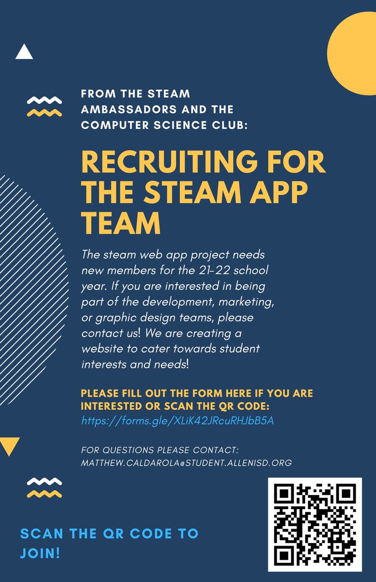 AllenCompSci's tweet image. Hey AHS CS Members! 

Interested in taking part in the STEAM app?

See the flyer below for more details!