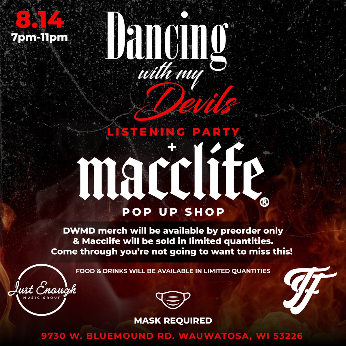 justenoughCT's tweet photo. The listening party for my next OFFICIAL project ‘Dancing With My Devils’ & the FIRST OFFICIAL POP UP for the upcoming MACCLIFE clothing brand ❗️
Come through & enjoy good people, dope music, & fire fashion 🔥🔥🔥
This Saturday 8.14
7pm-11pm 9730 W. Bluemound Rd https://t.co/BoHAz1xJWf