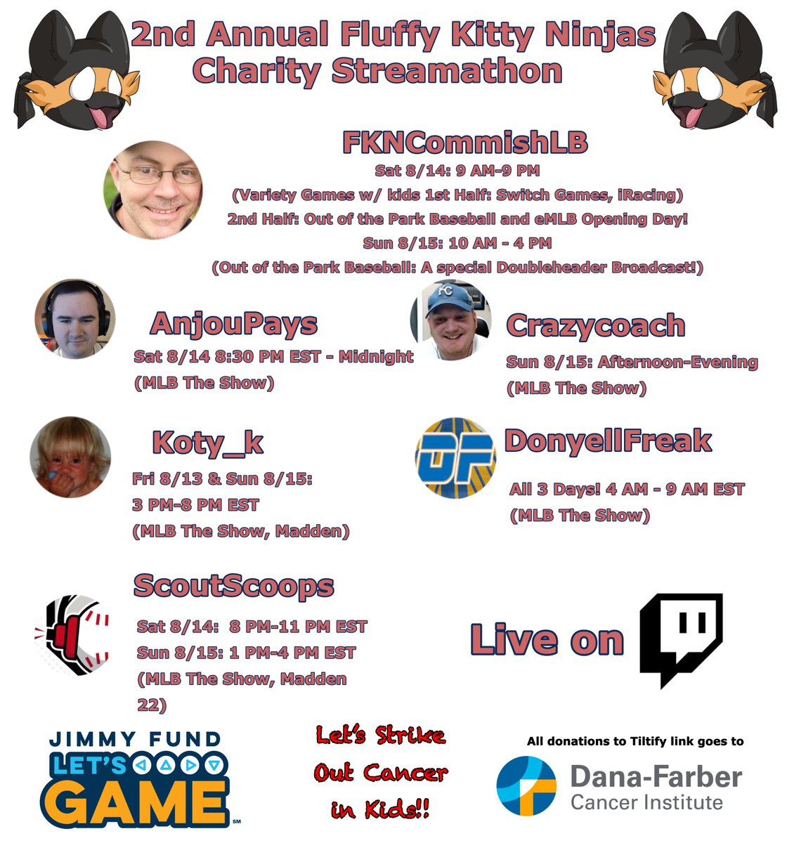 Friends, one topic I am beyond passionate about is #Cancer. Especially Cancer in children. I'm teaming up w/these amazing people to host the 2nd Annual Fluffy Kitty Ninjas Charity Streamathon this weekend. Please consider donating to help <a href="/DanaFarber/">Dana-Farber</a> &amp; <a href="/TheJimmyFund/">The Jimmy Fund</a> (1/2 w/Link)