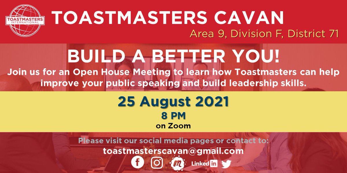 TM_Cavan's tweet photo. 𝗕𝗨𝗜𝗟𝗗 𝗔 𝗕𝗘𝗧𝗧𝗘𝗥 𝗬𝗢𝗨! 
Join us for our Open House Meeting to learn how #Toastmasters can help improve your public speaking and build leadership skills.
𝙏𝙤𝙖𝙨𝙩𝙢𝙖𝙨𝙩𝙚𝙧𝙨,𝙒𝙝𝙚𝙧𝙚 𝙇𝙚𝙖𝙙𝙚𝙧𝙨 𝙖𝙧𝙚 𝙈𝙖𝙙𝙚! #cavan #toastmasterscavan #leadership #ireland https://t.co/OOlN85j0VW