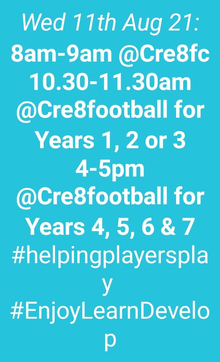 Cre8football (@cre8football) on Twitter photo Have a great day all.
Feel free to book:
cre8-football.class4kids.co.uk/?day=wed
OR
Contact us for more information:
contactus@cre8football.co.uk | 07522 395 086 Have a great day all.
Feel free to book:
cre8-football.class4kids.co.uk/?day=wed
OR
Contact us for more information:
contactus@cre8football.co.uk | 07522 395 086