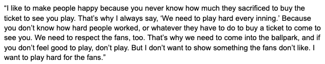 Salvador Perez hit two homers and singled tonight — the night that marked the 10-year anniversary of his debut. Asked him afterward what's behind his joy, and the way he plays the game. Here was his response:
