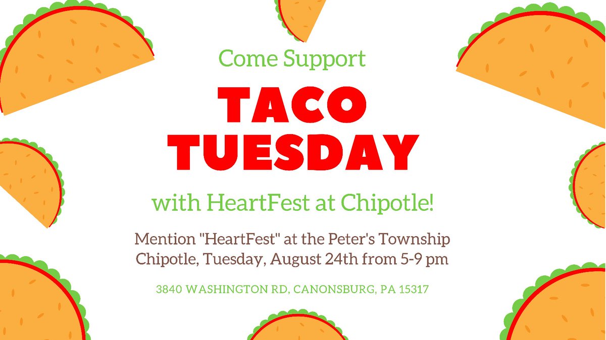 heartfestinc's tweet photo. Mark your calendars for Tuesday, August 24th, for Heartfest’s @ChipotleTweets Fundraiser! Make sure you come out and join us, and mention “HeartFest” at the register to have 30% of your order donated to our non-profit! See you there 🌮 Details below! #HalfAHeartFullOfHope ♥️ https://t.co/ZL0XzctsYY