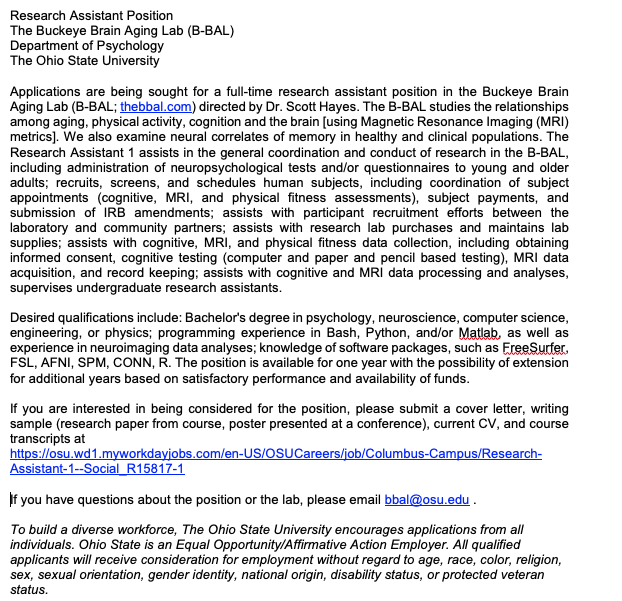 Scott Hayes (@scotthayesphd) on Twitter photo Please RT. The BBAL 🏀 <a href="/OhioState/">Ohio State</a> is hiring a postdoc (🧠MRI, memory, neuropsychology, aging, fitness; apply here: osu.wd1.myworkdayjobs.com/OSUCareers/job… )
& a Research Assistant, apply here: osu.wd1.myworkdayjobs.com/en-US/OSUCaree…
<a href="/KnowNeuropsych/">KnowNeuropsychology</a> <a href="/AsianNeuropsych/">ANA Neuropsychology</a> <a href="/SoBlackNeuro/">Society for Black Neuropsychology</a> <a href="/INSneuro/">INS</a> <a href="/Div40ANST/">DIV40ANST</a> <a href="/ins_slc/">INS Student Liaison Committee</a> Please RT. The BBAL 🏀 <a href="/OhioState/">Ohio State</a> is hiring a postdoc (🧠MRI, memory, neuropsychology, aging, fitness; apply here: osu.wd1.myworkdayjobs.com/OSUCareers/job… )
& a Research Assistant, apply here: osu.wd1.myworkdayjobs.com/en-US/OSUCaree…
<a href="/KnowNeuropsych/">KnowNeuropsychology</a> <a href="/AsianNeuropsych/">ANA Neuropsychology</a> <a href="/SoBlackNeuro/">Society for Black Neuropsychology</a> <a href="/INSneuro/">INS</a> <a href="/Div40ANST/">DIV40ANST</a> <a href="/ins_slc/">INS Student Liaison Committee</a>