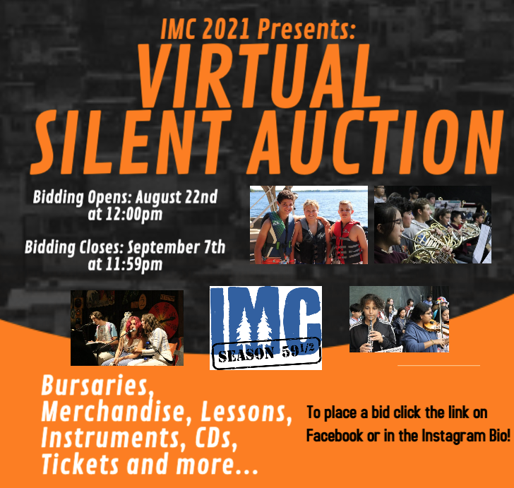 Our Silent Auction is back for 2021!  Bidding opens on August 22nd and closes on September 7th.  Lots of great items to bid on... and you'll get a sneak preview soon!  Help support the IMC Bursary Fund by placing a bid!

#imc59andahalf #letsgoooooooo

campimc.ca