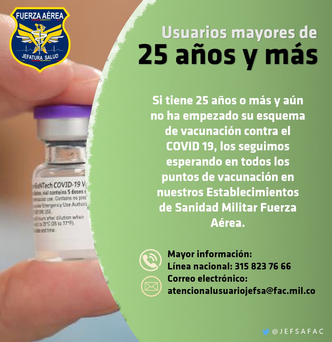 JEFSAFAC's tweet photo. Si no te has vacunado contra el #COVID19, acércate a tu #ESMFAC
✅Primera dosis para personas de 25 años
✅Segunda dosis
✅Mujeres con 12 a 14 semanas de embarazo y 40 días de posparto
✅Usuarios de 25 o más años que no tengan primera dosis de la vacuna contra #COVID19.
#Vacunate https://t.co/aRE1UNlFus