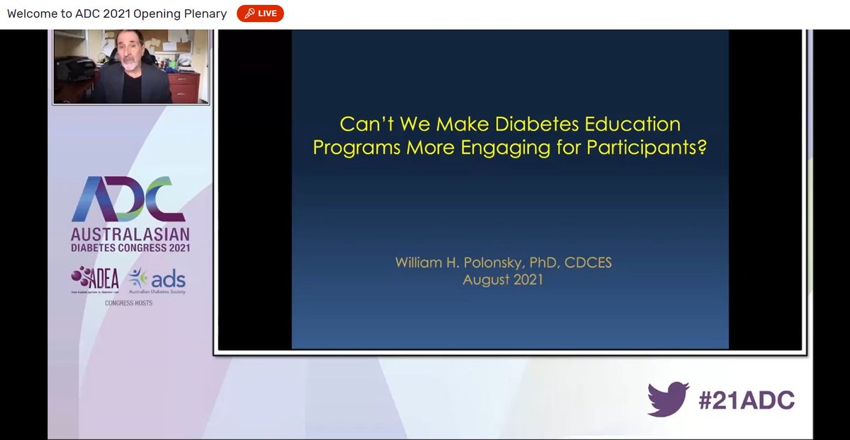 AusDiabetesEd's tweet photo. LIVE: Keynote speaker Professor William Polonsky of the Behavioral Diabetes Institute on the topic of 'Can't we make our diabetes education programs more engaging for participants?' #ADC2021 #21ADC https://t.co/qzgNawdVMc
