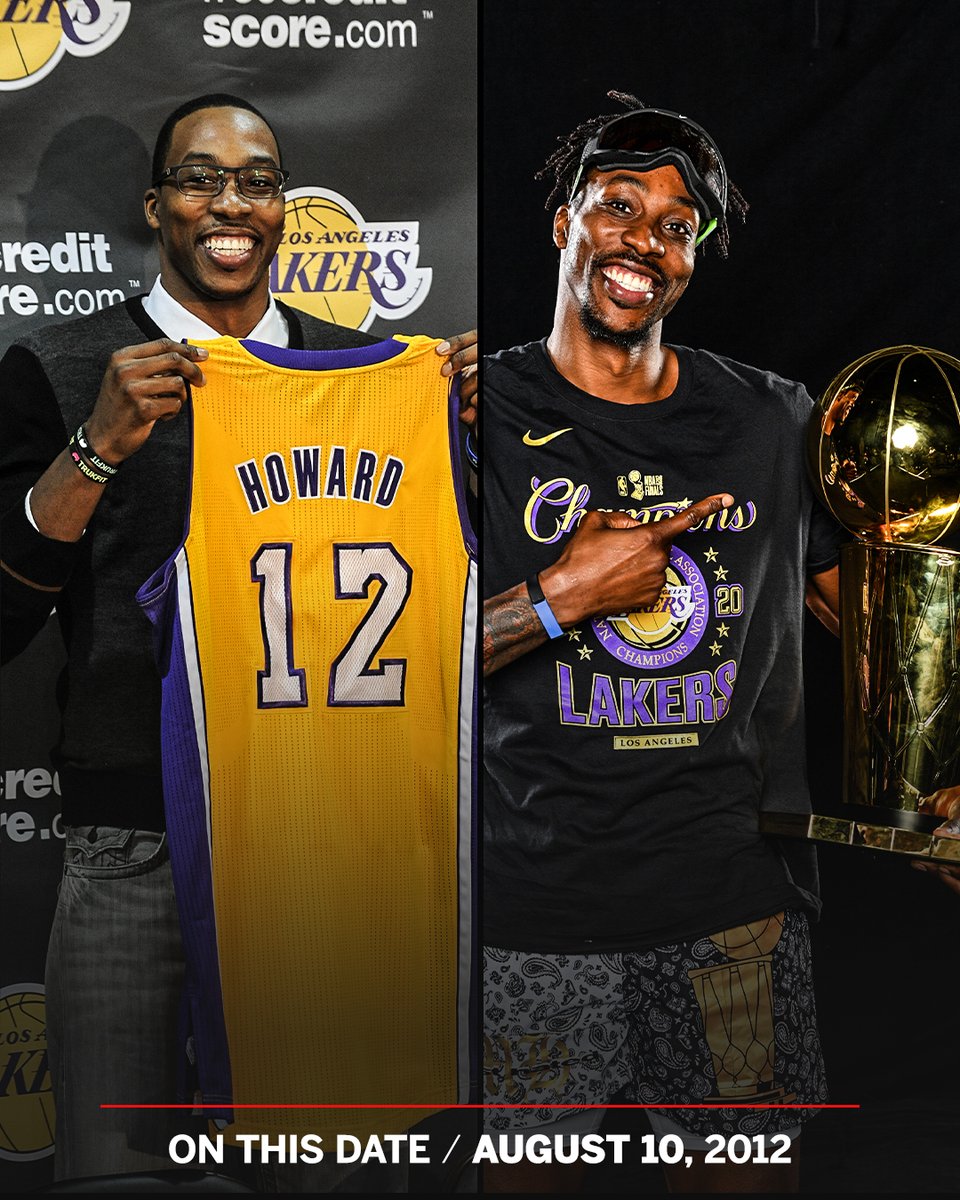 espn's tweet photo. Nine years ago today, Dwight Howard was traded from the Orlando Magic to the Lakers. 

It all worked out, eventually 😅🏆 https://t.co/rQAfyIOS5n