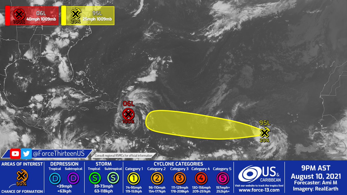 ForceThirteenUS's tweet photo. #F13TWO #F13US
#06L now has a near 100% chance of formation, and is expected to become a Tropical Storm before making landfall in #Hispaniola.
#95L is right behind #PTC6 and could form into a tropical cyclone before nearing the Lesser Antilles. https://t.co/WgMfLF2ViN