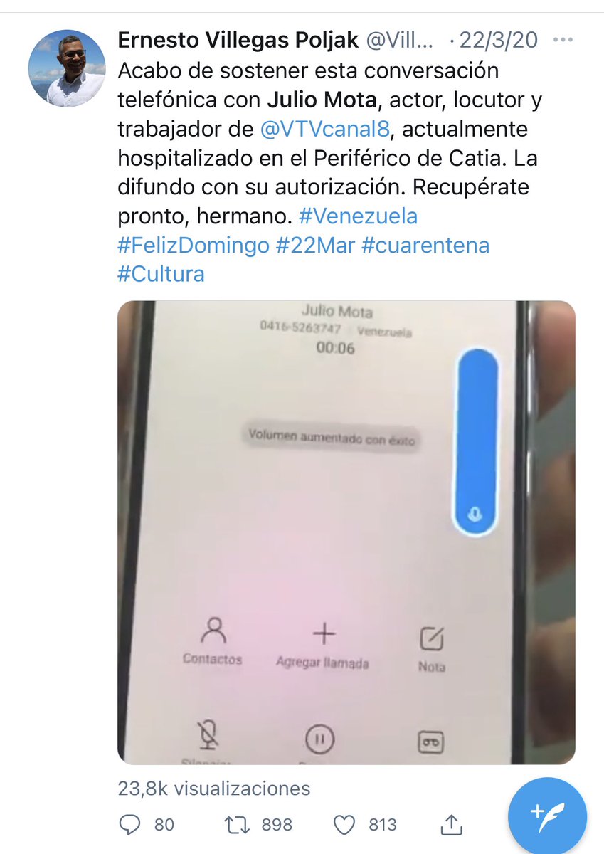 Me permito informar que una comisión de <a href="/minculturave/">Ministerio del Poder Popular para la Cultura</a> visitará mañana la institución para adult@s mayores donde habita Julio Mota –querido actor y locutor de 85 años– para colocarnos a sus órdenes una vez más. Casos complejos como el suyo ameritan mucha solidaridad concreta.