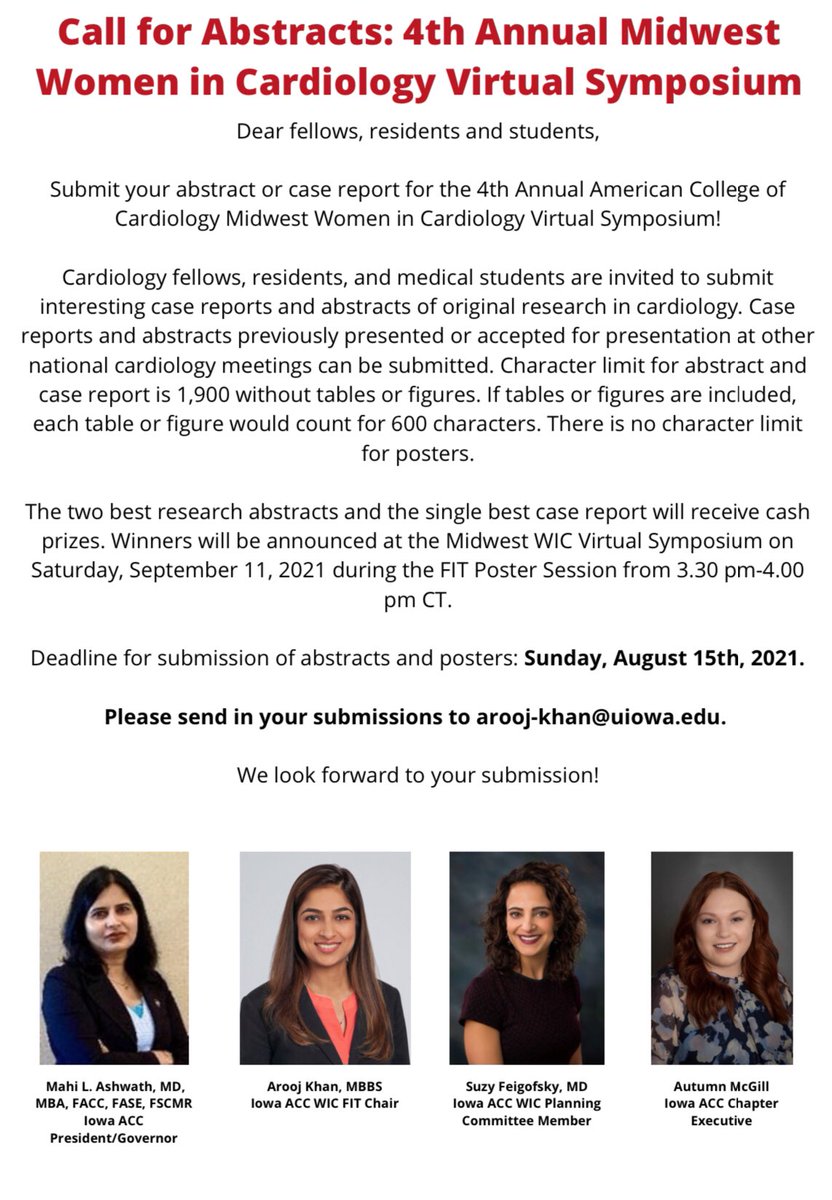 Please join us for the “4th Annual Midwest Women in Cardiology (virtual) Symposium” on Sep 11, 2021 organized by @IowaACC with 14 @ACCinTouch state chapters participating. Registration link: us02web.zoom.us/webinar/regist… More details & program brochure link: iowaacc.org/4th-Midwest-Wo…