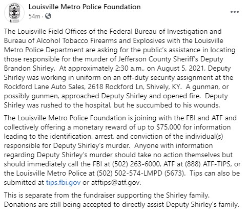 LMPD's tweet image. From our friends @LMPF2003. They are teaming up with @FBILouisville @ATFLouisville to help with the reward money. The reward now stands at $75,000. Below is the best way you can help. #LMPD #LMPF #FBILouisville #ATFLouisville #JCSOKY #Louisville #Sheriff