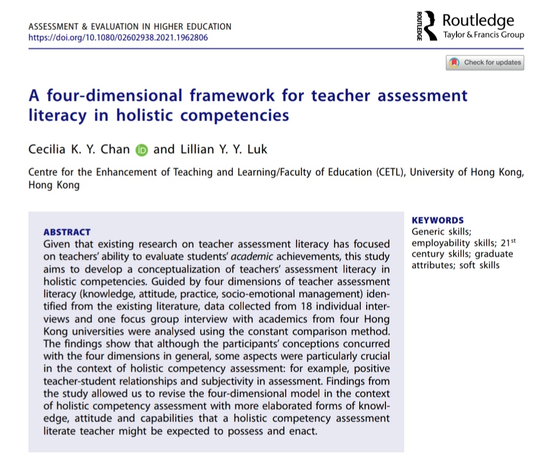 luk_lillian's tweet photo. Fresh from the oven! Here is a paper with @CeciliaKYChan
on teacher assessment literacy in holistic competencies. #21stcenturyskills #genericskills #assessmentliteracy #assessment #holisticcompetencies #softskills #highereducation 50 free copies here💁♀️: https://t.co/HQ32LnXDUb https://t.co/BTCxtzvnVH