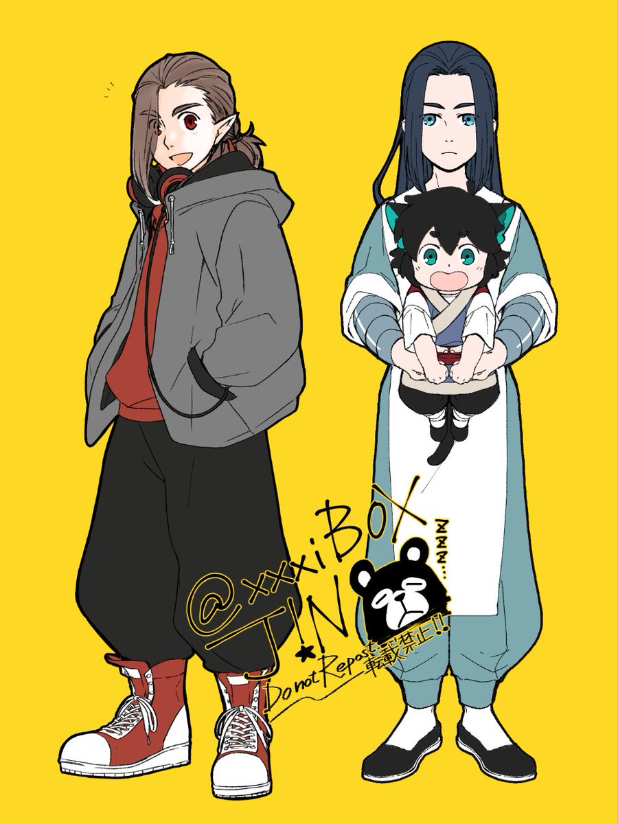 luoxiaohei multiple boys yellow background black hair animal ears red eyes long hair hands in pockets  illustration images