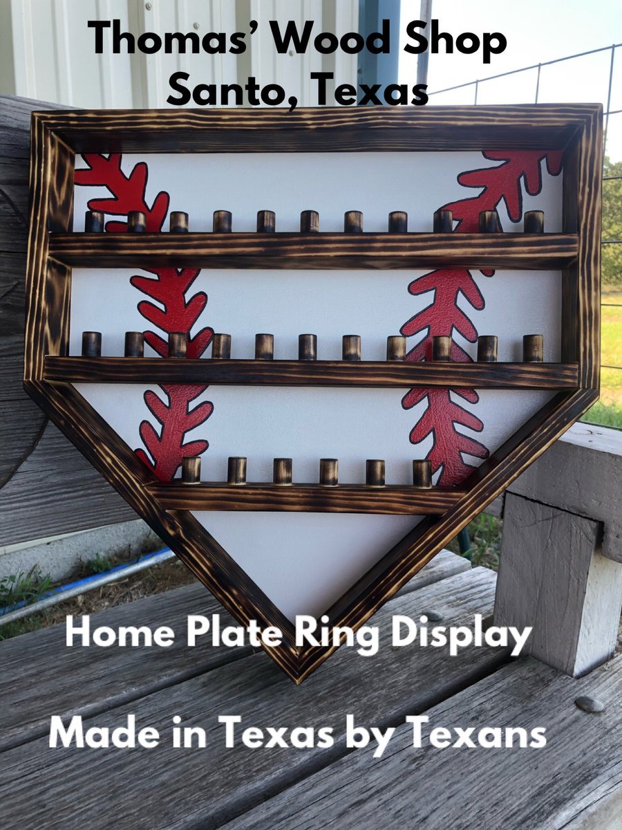 thomaswoodshop's tweet photo. Traci just finished this Home Plate Ring Display today for a customer. Softball one coming next. Can customize with a name if you like. Call us or email to order. 830-613-8403 thomaswoodshop@gmail.com #thomaswoodshop #madeintexasbytexans #woodworking #santotexas #ringdisplay https://t.co/2oFWgc88zF