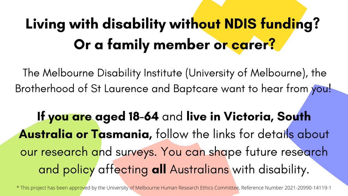 New #Survey! Did you know that around 4m Australians with #disability do not receive funding through the #NDIS. We're looking for adults with disability without NDIS funding (and families &amp; carers) to share their experiences of finding support &amp; services. go.unimelb.edu.au/kc5i