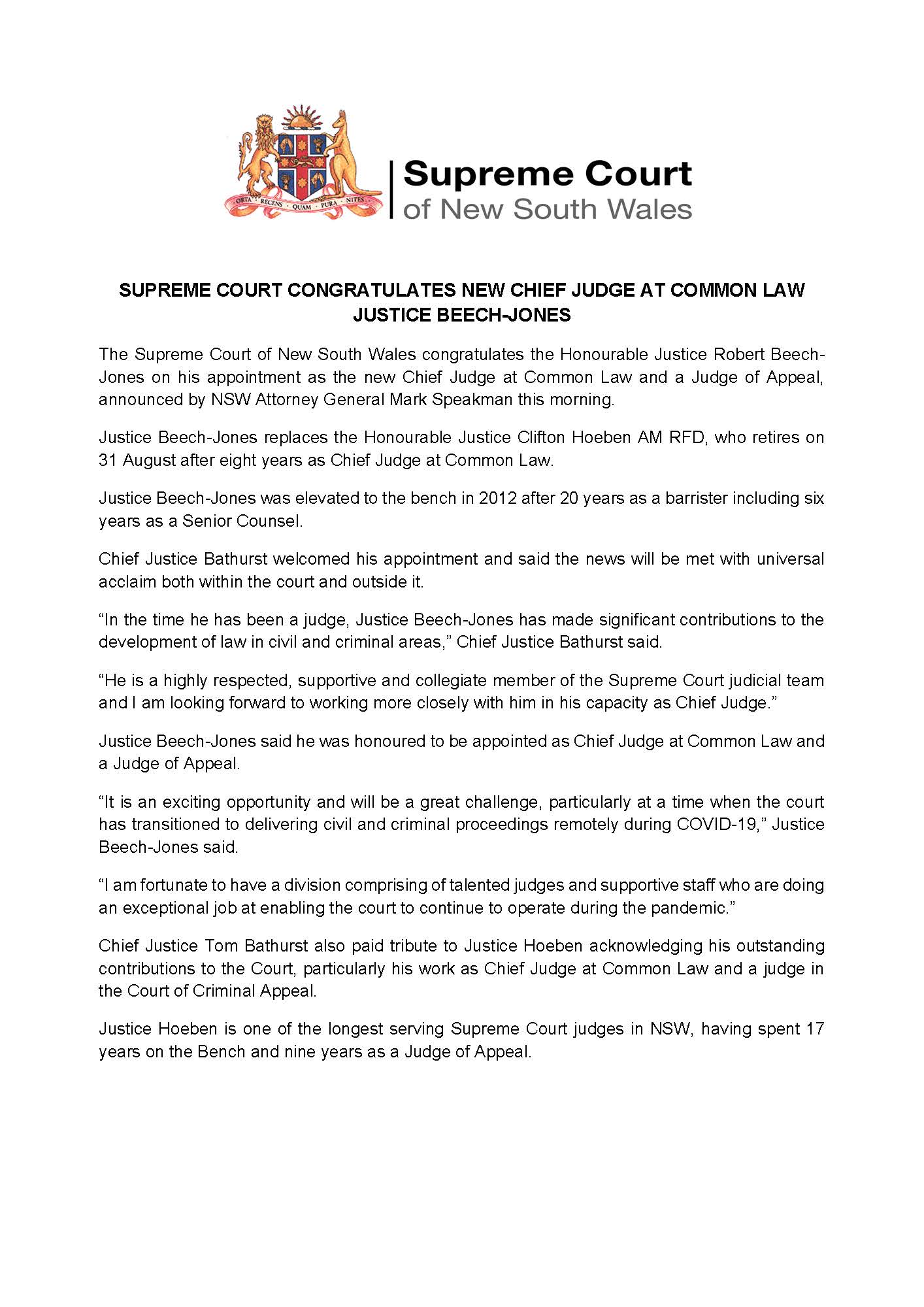 Nsw Supreme Court On Twitter Nswsupct Congratulates The Hon Justice Robert Beech Jones On His Appointment As The Chief Judge At Common Law And A Judge Of Appeal As Announced Today By Nsw