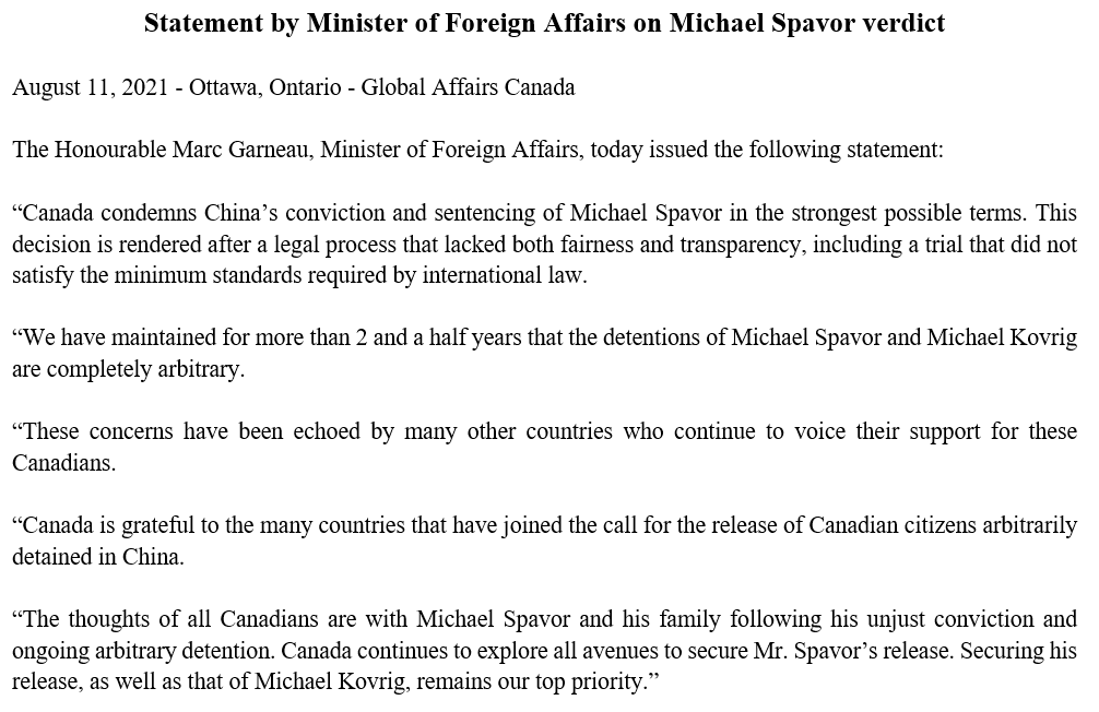 Canada condemns China’s conviction and sentencing of #MichaelSpavor in the strongest possible terms. Complete statement here: bit.ly/3yCM9F7