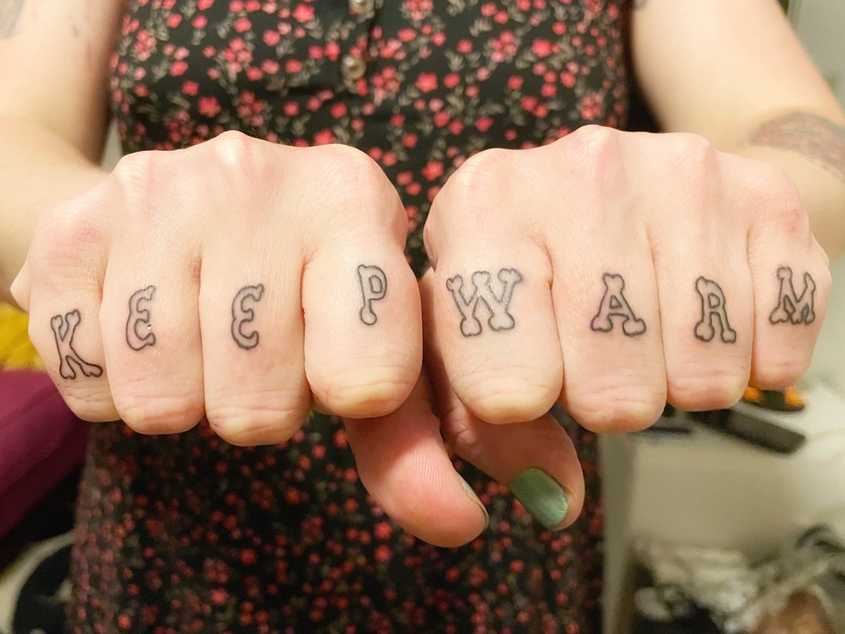 GingerMostly's tweet photo. i did a thing today. been trying to decide on knuckle tattoos for a few years now, i think these were the perfect choice. thanks to @thomaswaynetattoos! #keepyourselfwarm #tattoos https://t.co/Zdledb9kAB