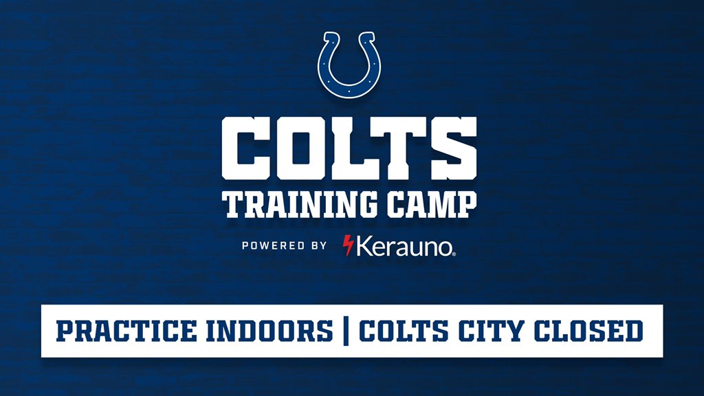 ColtsLife's tweet image. Due to potential inclement weather, #ColtsCamp practice scheduled for Wednesday, August 11 has been moved indoors and Colts City will be closed. 

No fans will be permitted indoors due to NFL Health and Safety protocols.