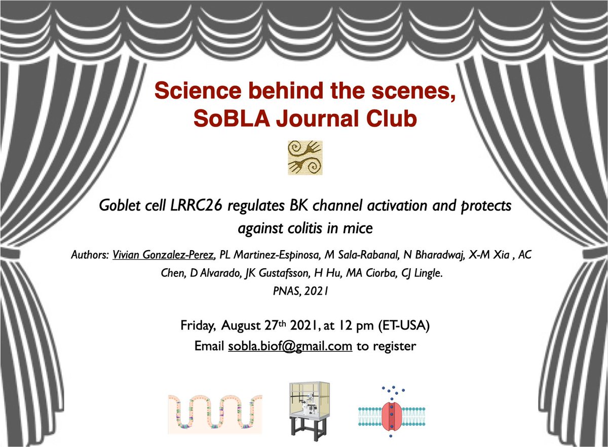 SOBLA (@sobla_biof) on Twitter photo El Viernes 27 de Agosto <a href="/VivianGlezP/">Vivian Gonzalez-Perez</a> va a presentar su última publicación en el Journal Club de la SoBLA: "Goblet cell LRRC26 regulates BK channel activation and protects against colitis in mice", PNAS 2021. Escribe a sobla.biof@gmail.com para registrarte 1/2 El Viernes 27 de Agosto <a href="/VivianGlezP/">Vivian Gonzalez-Perez</a> va a presentar su última publicación en el Journal Club de la SoBLA: "Goblet cell LRRC26 regulates BK channel activation and protects against colitis in mice", PNAS 2021. Escribe a sobla.biof@gmail.com para registrarte 1/2