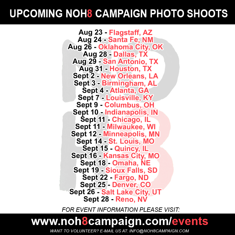 NOH8Campaign's tweet image. Help us spread the message of #NOH8 by joining us at one of our upcoming events! bit.ly/37Arsxs