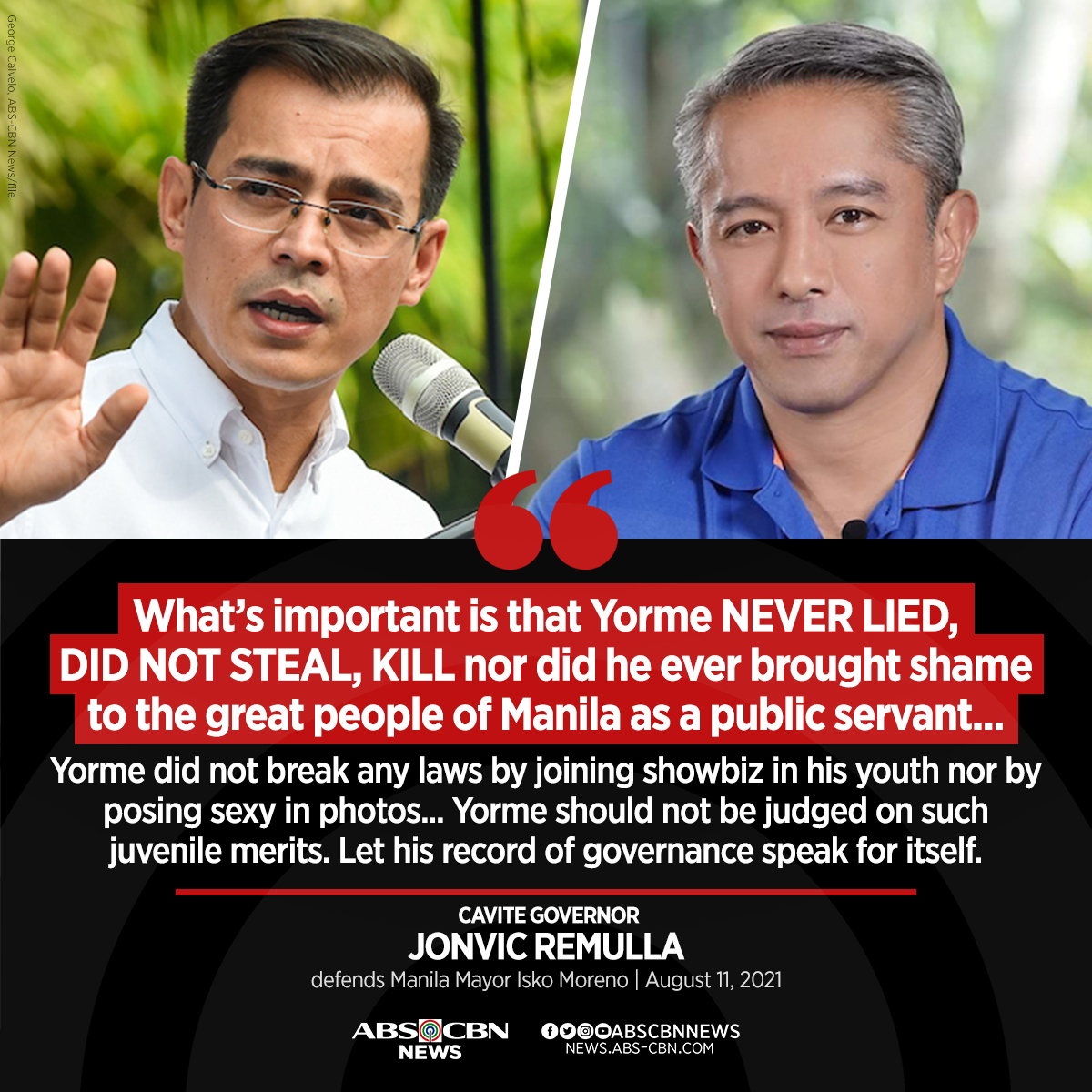 ABSCBNNews's tweet photo. Cavite Governor Jonvic Remulla defended Manila Mayor Isko Moreno Domagoso against critics saying 'Yorme' "never lied, did not steal, kill, nor bring shame" to the people of the capital city.

READ: https://t.co/KuqRAOPksq https://t.co/VB4jOvusdH
