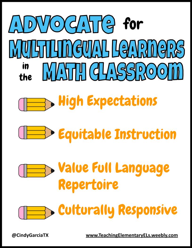 CindyGarciaTX's tweet image. 📢New Blog Post &quot;Advocate for Multilingual Learners in the Mathematics Classroom&quot; #ELLChat #ElemMathChat #MTBoS #IteachMath #MLLs