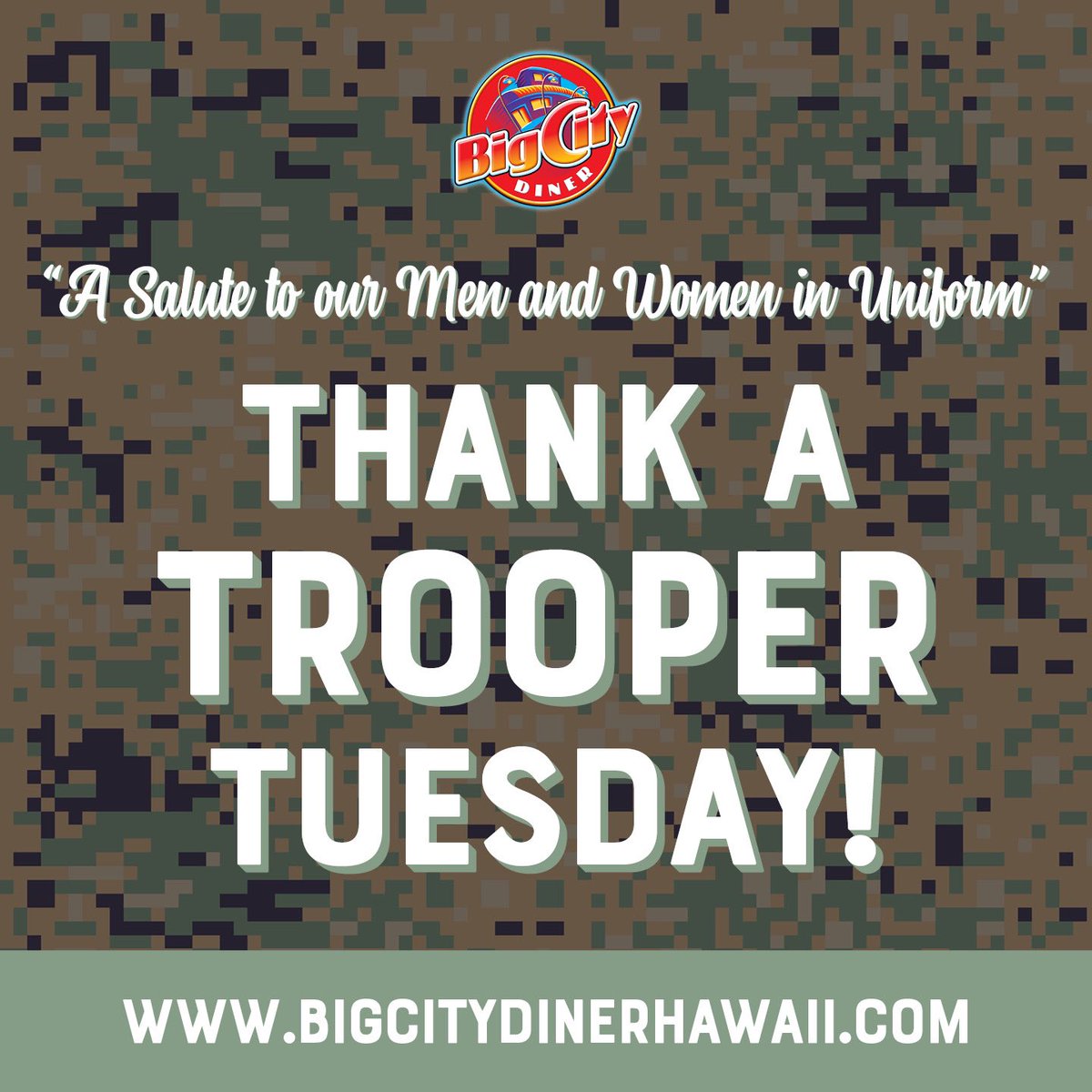 TUESDAY is 'THANK a TROOPER🇺🇸TUESDAY' at @BigCityDiner at #Pearlridge @WindwardMall @WaipioCenter @KailuaNEWS  & @KaimukiHi where ACTIVE DUTY🎖️MILITARY get 15% OFF your DINE-IN Entrée with a Beverage Purchase/pp #Kaimuki #WaipioCenter #WindwardMall #Hawaii