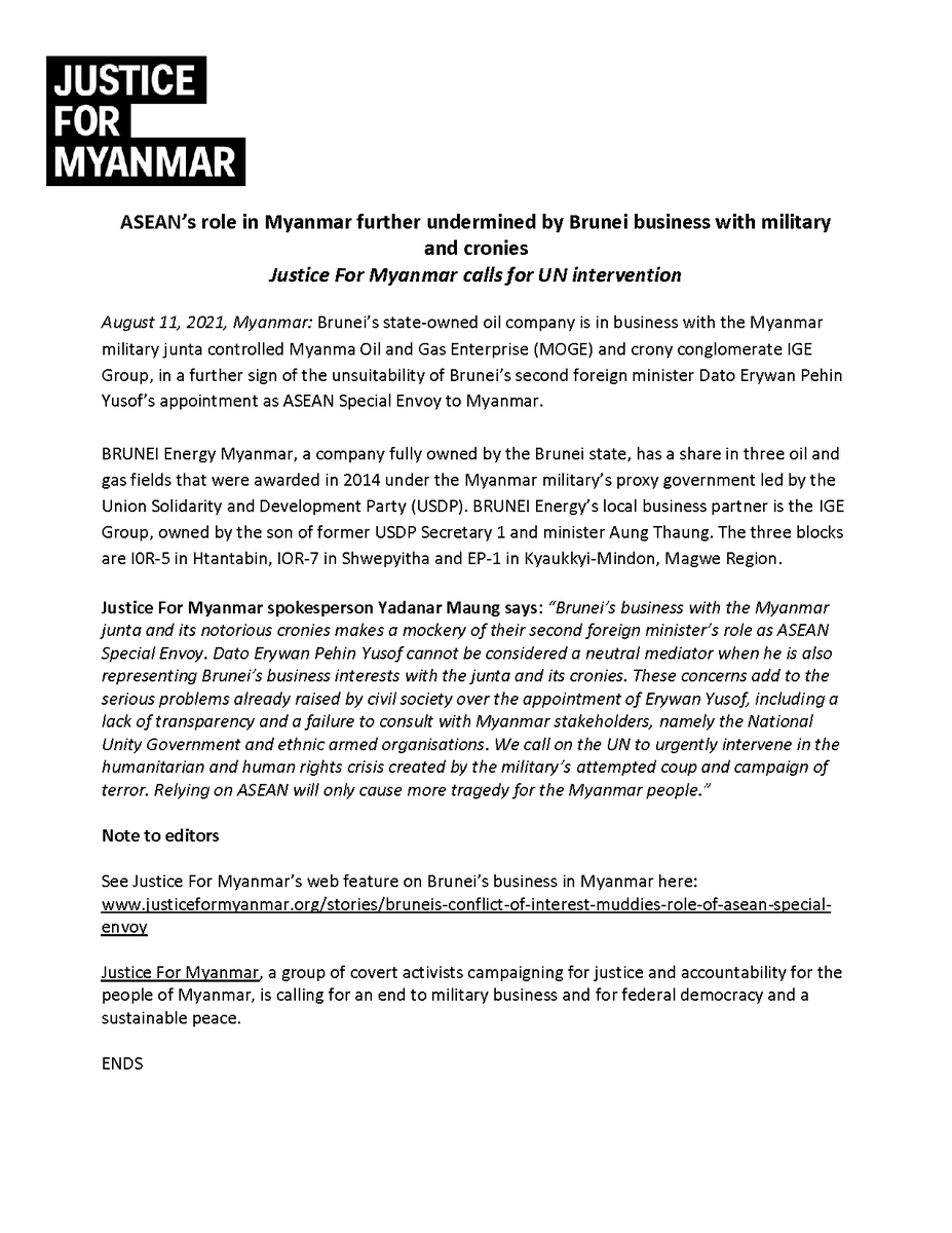 JusticeMyanmar's tweet photo. Press Release 📣 #ASEAN’s role in #Myanmar further undermined by #Brunei biz w/ military junta &amp; cronies. Dato Erywan Yusof cannot be a neutral mediator when he's also representing Brunei’s oil interests in 3 Myanmar blocks. We call for UN intervention! 👉🏽https://t.co/V3DQH2PkLL https://t.co/vHCOfTKCAh