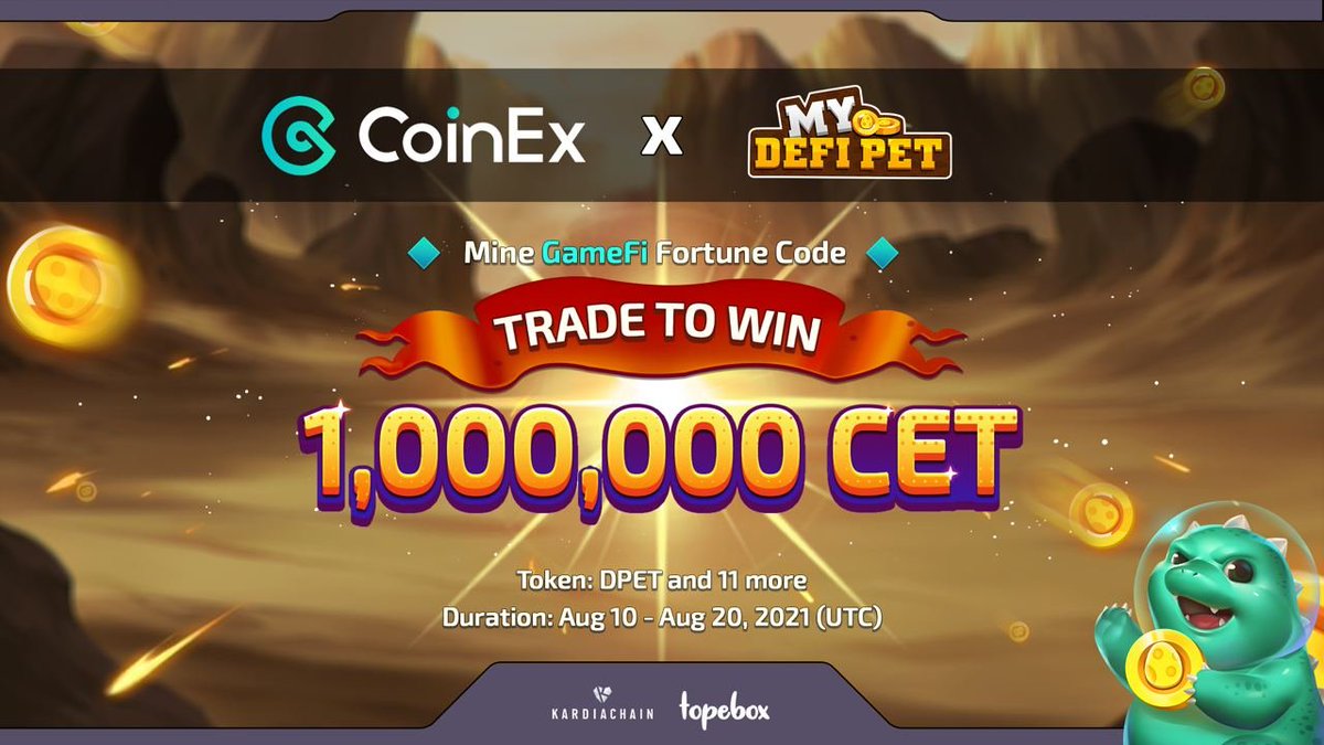 CoinEx Global (@coinexcom) on Twitter photo 🎁 WIN 40 $DPET
To celebrate 10-day #GameFi Promotion:
🤑Trade $DPET $MANA $SAND $TLM $ALICE $GALA $AXS $TOWER $SLP $YGG $ILV $SKILL to win 1,000,000 $CET
#CoinEx & @MyDeFiPet will hold activity
✅Follow <a href="/coinexcom/">CoinEx Global</a> @MyDeFiPet
🔃RT
🙋Tag 3 friends
📅DDL: 20.08, 20 winners 🎁 WIN 40 $DPET
To celebrate 10-day #GameFi Promotion:
🤑Trade $DPET $MANA $SAND $TLM $ALICE $GALA $AXS $TOWER $SLP $YGG $ILV $SKILL to win 1,000,000 $CET
#CoinEx & @MyDeFiPet will hold activity
✅Follow <a href="/coinexcom/">CoinEx Global</a> @MyDeFiPet
🔃RT
🙋Tag 3 friends
📅DDL: 20.08, 20 winners