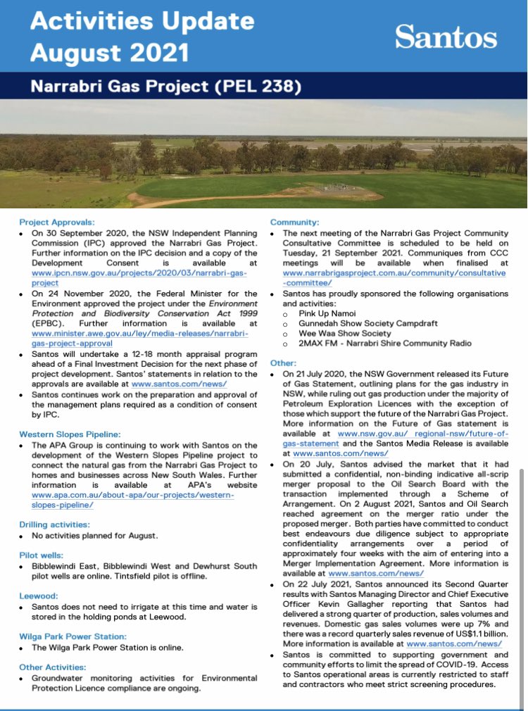 peterjameswills's tweet photo. Santos #narrabrigas still projects usage of APA #westernslopes pipeline via Coonamble community as at August 2021 community update.
No mention by $STO of Queensland Hunter Gas pipeline via #liverpoolplains that Garbis Simonian is flogging desperately..
#csg #nswpol #kurrikurri https://t.co/x2t5oewkYB