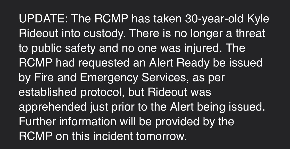 RealDonBradshaw's tweet photo. BREAKING: @RCMPNL has taken suspect from alleged shooting incident near Terra Nova into custody. Public safety advisory ended. https://t.co/HeDiPKRQHP