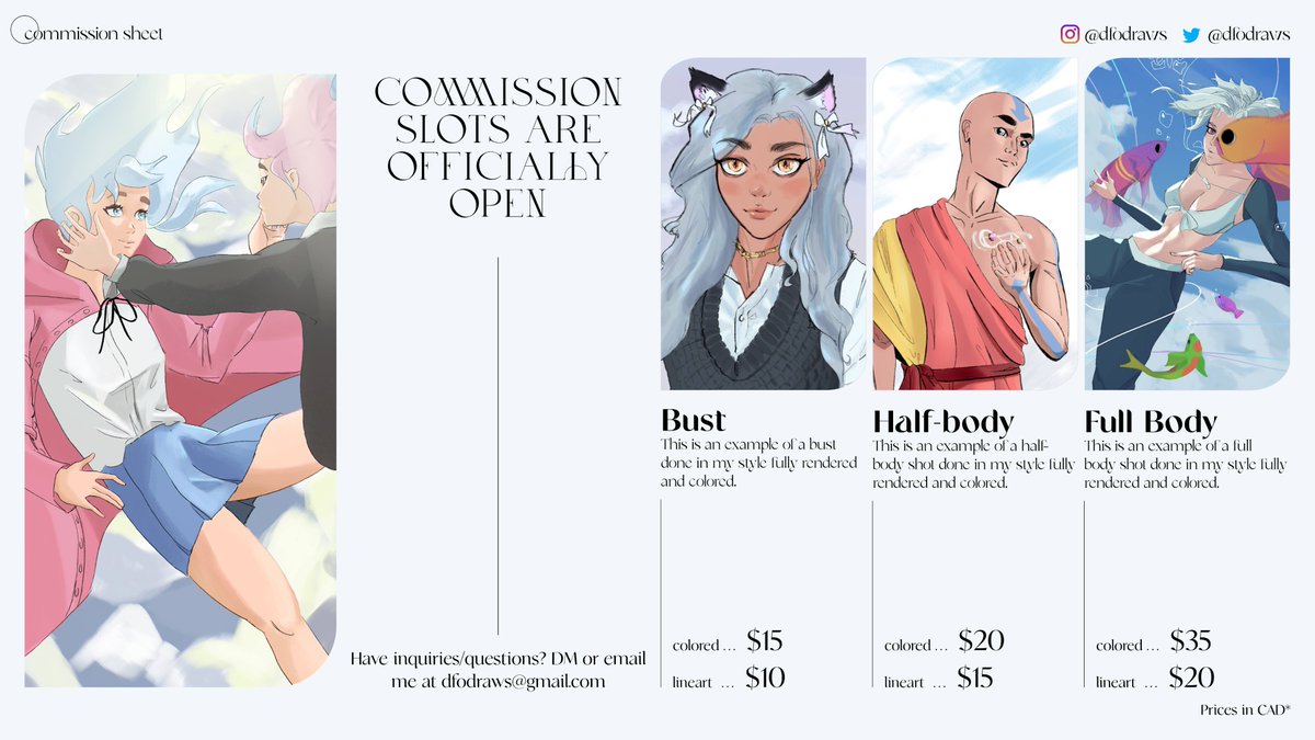 COMMS ARE OPEN! 😊

Hey there! I'm dfo or Dan and I'm a digital artist who makes anime inspired illustrations!

Below are details all about commissioning me! If you have any questions just shoot me a dm! 🤟

(RT's and Shares appreciated! 💕)