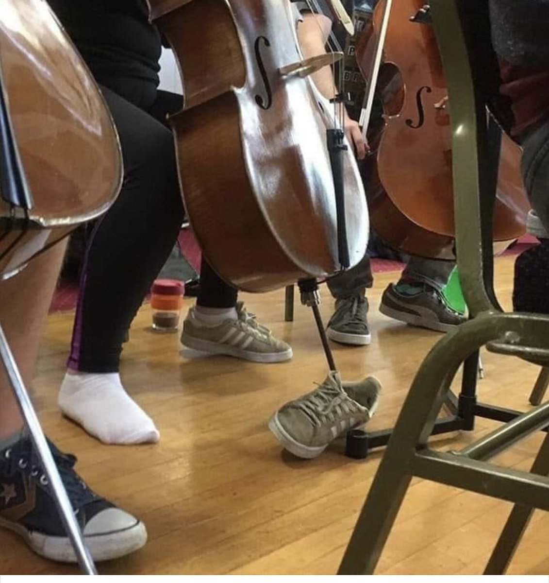 playinglesshurt's tweet photo. #jokeoftheday a clever solution! I’ve used all kinds of things: a belt, a towel, a rope, pucks that slip on marble or tile floors. What to do on cement floors?#celloproblems #music https://t.co/fLkwZQ9BaO