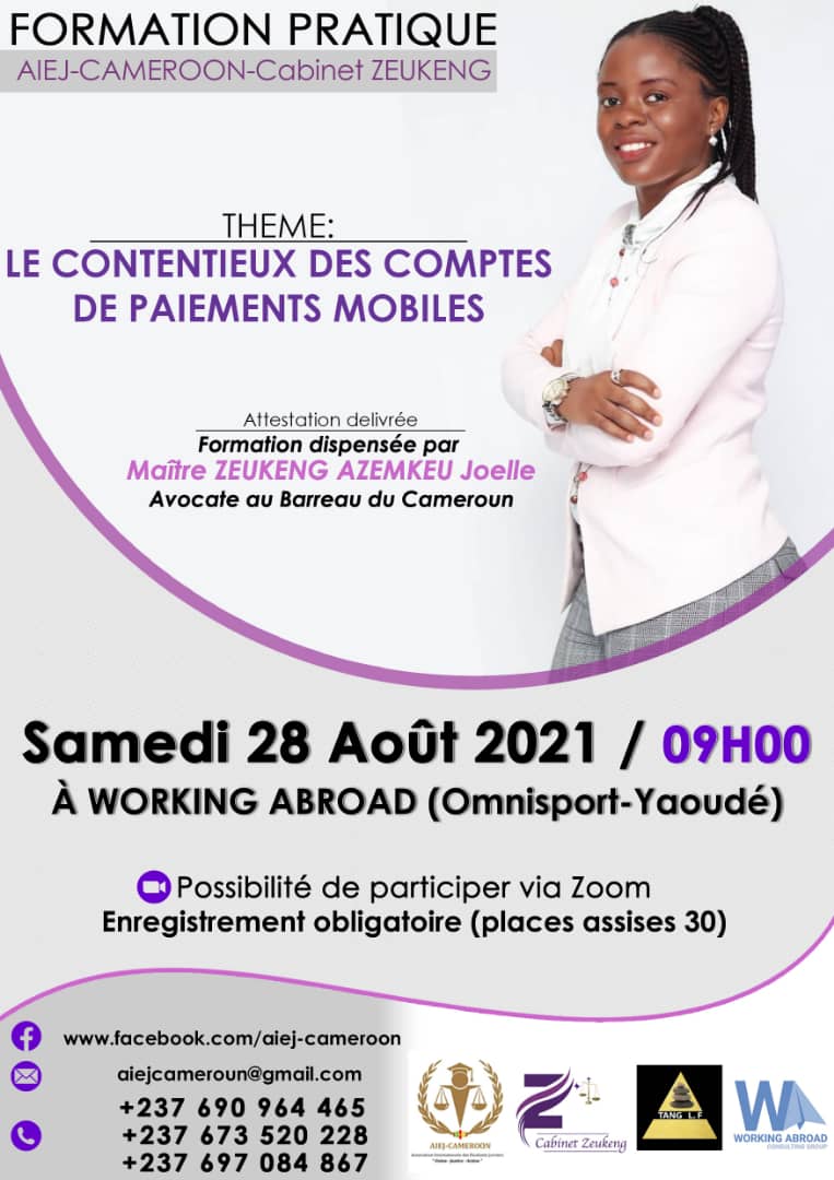 aiej_cameroon's tweet photo. PRACTICAL TRAINING AIEJ-CAMEROON 
ZEUKENG'S FIRM
TOPIC: ***Mobile Account Payment Litigations***
Saturday 28th August 2021/9a.m 
At WORKING ABROAD(Omnisport-Yaounde) https://t.co/H7XKMlmW77
