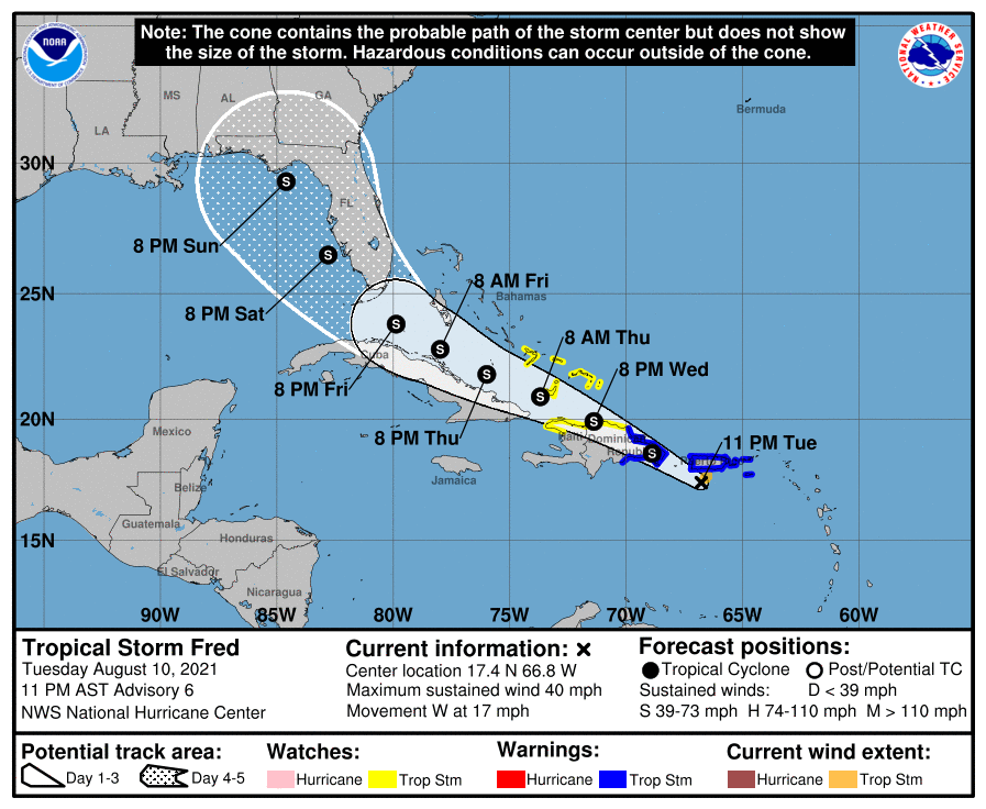 NWSRaleigh's tweet photo. Tropical Storm #Fred has formed just south of Puerto Rico with max winds of 40 mph. It is forecast to move on the north side of Hispaniola &amp; Cuba before affecting FL this weekend. Moisture from its remnants could affect NC by early next week, but it is too early for any details. https://t.co/qFfG1jPYuC