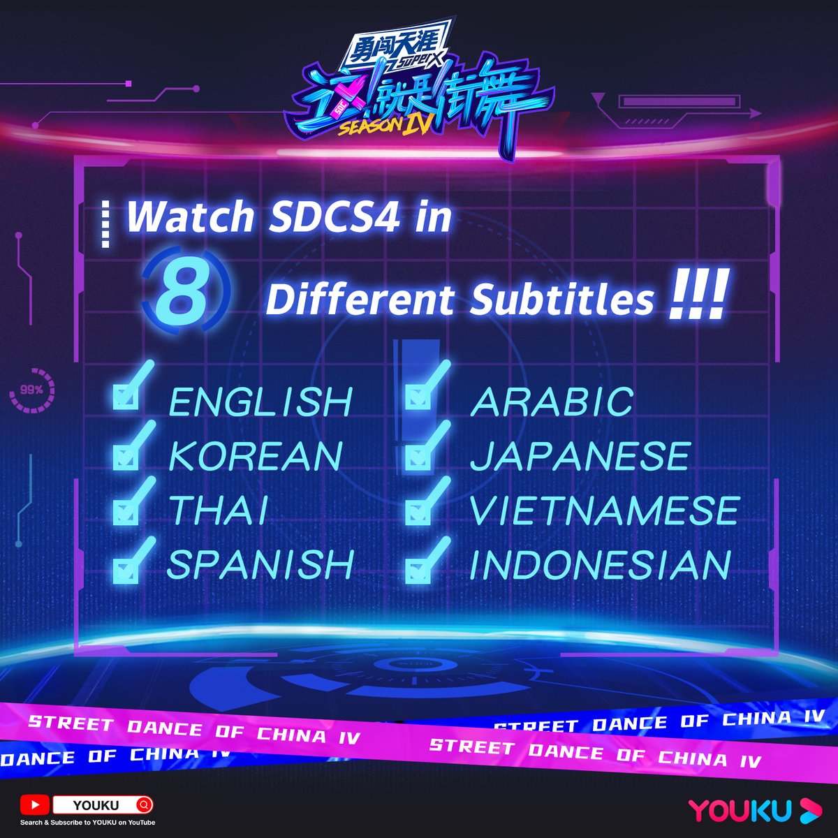 YoukuOfficial's tweet photo. Thank you for participating in the big vote! In the end, we’ve decided to make 8 different subtitles for the upcoming #StreetDanceofChinaS4 EP1 which will be premiered on August 14! https://t.co/Imx6URI7KS