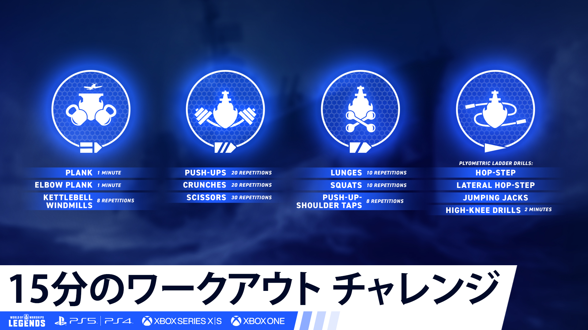 World Of Warships レジェンズ公式 ゲームを楽しむのも大事ですが 健康も大事 そこでお船の種類に見立てた簡単な ワークアウトメニューを考えてみた ところ こんな感じになりました 英語ではありますが よかったら チャレンジしてみてくださいね