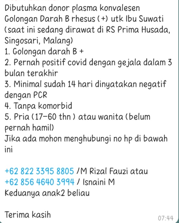 A friend need help 🙏
Untuk wilayah malang raya..
<a href="/Blood4LifeID/">BFL INDONESIA</a> @PlasmaheroId  #PlasmaKonvalesen