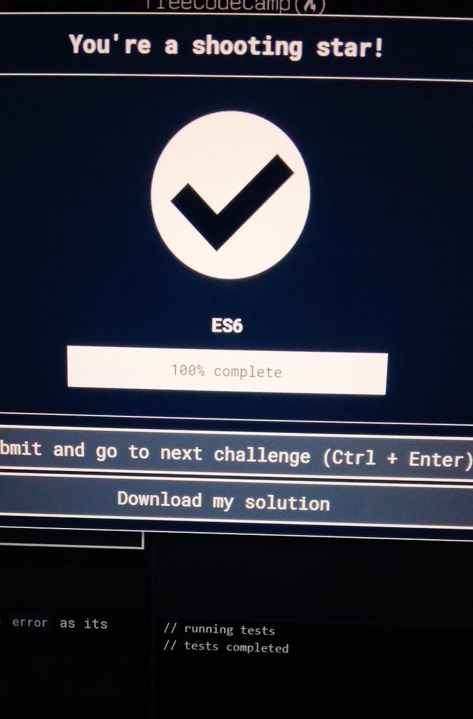 _iamdeveloper's tweet image. 4_Day of #100Daysofcode
Complete the ES6 learn alot of things🥳🥳🥳 thank you #freeCodeCamp
Tomorrow I will start Regular Expression