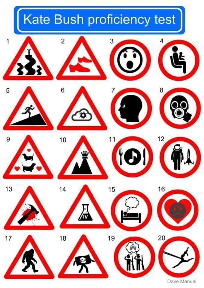 JiggeryJackMac's tweet photo. At a loose end today?
Try the Kate Bush Proficiency Test:
20 KB songs thinly disguised as road signs - for what reason, I know not.
Send me your answers if they'll fit on a tweet and let's have a laugh π¦β€οΈ
#WindlestrawsWednesday https://t.co/XY3PgBOZcn