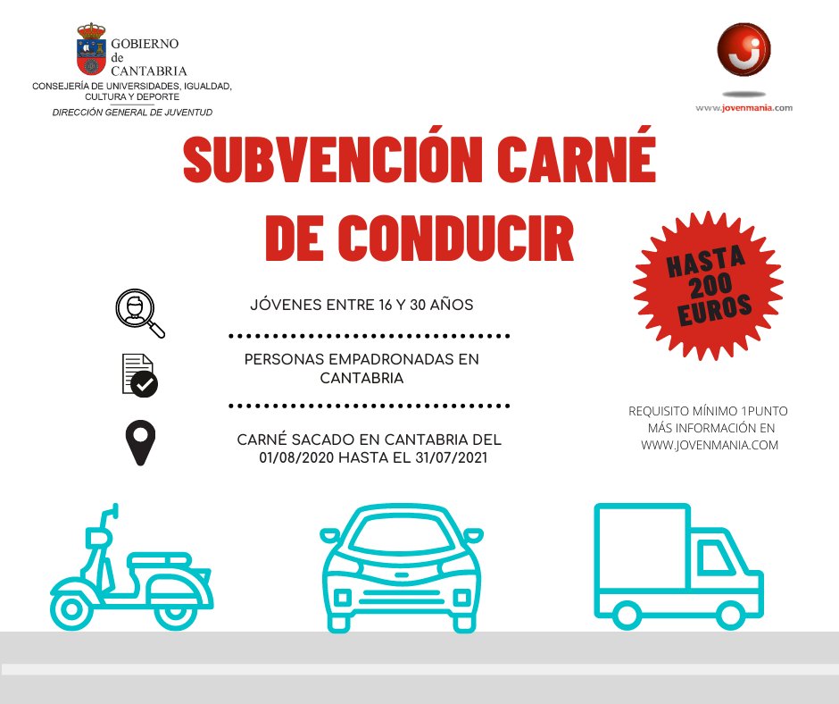 Convocadas las #ayudas para la obtención del carné de conducir :

👧🏼#jóvenes entre 16 y 30 años
✍🏼Personas empadronadas en #Cantabria
💳Carné sacado en Cantabria del 01/08/2020 al 31/07/2021
💶 Hasta 200 € de ayuda

👉🏼 bit.ly/jmania3xAYkAY