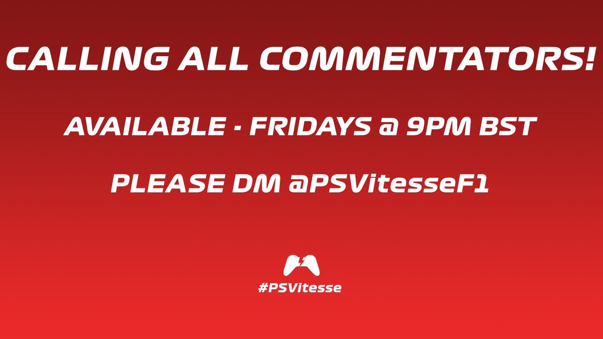 #PSVitesse | SEASON 5

Calling all commentators! 🎙️

Commentators are needed for our Friday tiers 🏎️

If you are interested, then please DM us!