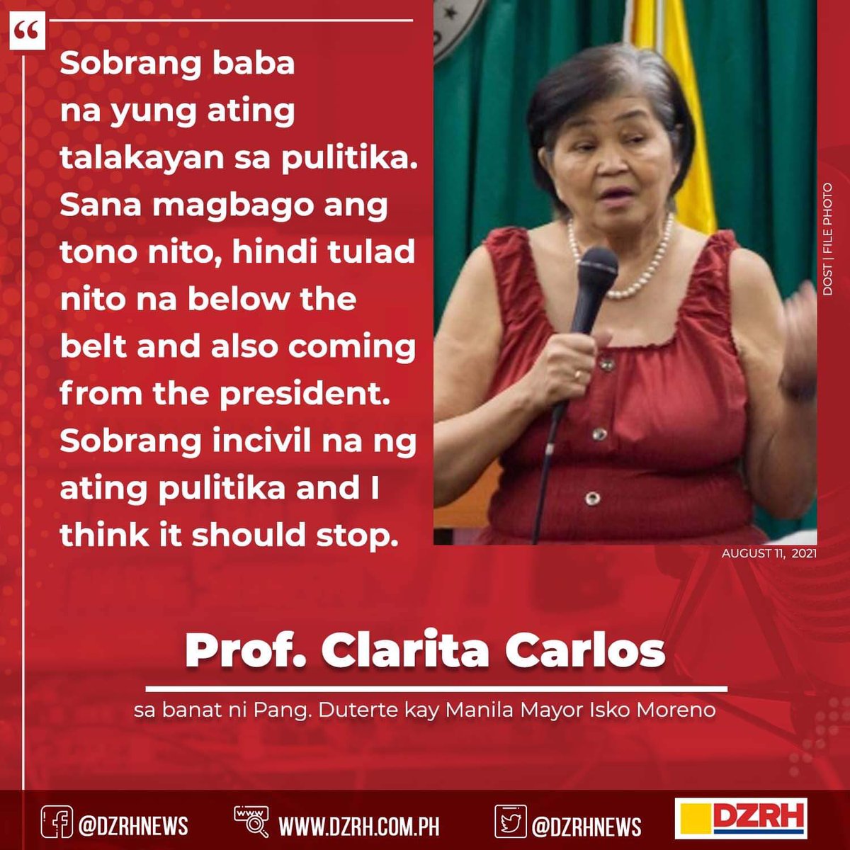 dzrhnews's tweet photo. Sa paningin ng isang political analyst, kailangang magbago na ang tono na ng pulitika sa bansa dahil masyado nang mababaw ang mga pinag-uusapan ukol dito. Ginawa ni Prof. Clarita Carlos ang pahayag kasunod ng parinigan ni Pang. Duterte at Manila Mayor Isko Moreno. #DZRHNationwide https://t.co/GHqU9yvx8O