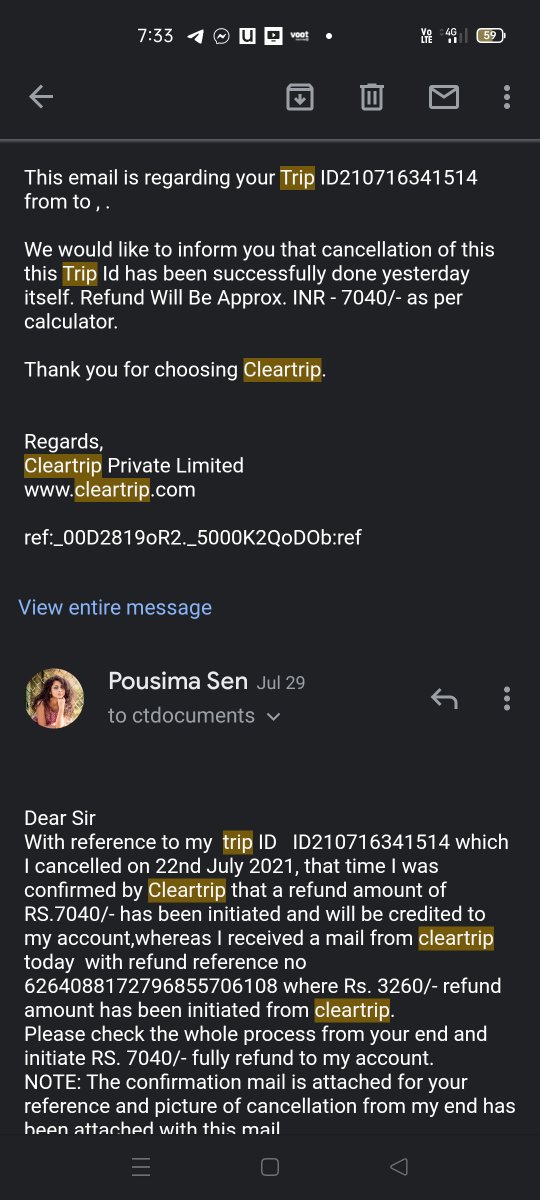 PousimaSen's tweet photo. Booked flight through Cleartrip with Airindia,while cancelled,Cleartrip partially refunded amount and rest fraud,Airindia PNR YW694,CLEARTRIP ID210716341514,follwedup last 20days,Cleartrip degrading AirIndia's Reputation @airindiain @Cleartrip @MoCA_GoI https://t.co/ttMKhkfwQA