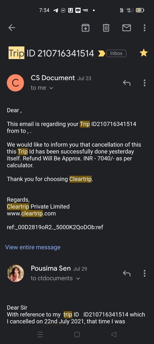 PousimaSen's tweet photo. Booked flight through Cleartrip with Airindia,while cancelled,Cleartrip partially refunded amount and rest fraud,Airindia PNR YW694,CLEARTRIP ID210716341514,follwedup last 20days,Cleartrip degrading AirIndia's Reputation @airindiain @Cleartrip @MoCA_GoI https://t.co/ttMKhkfwQA